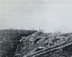 The O’Donnell roast yard in full production to support the war effort (circa 1916-17). Green and roasted ores were broken and shovelled in and out of the roasting beds with shear herculean use of manpower. Photo of roast yard